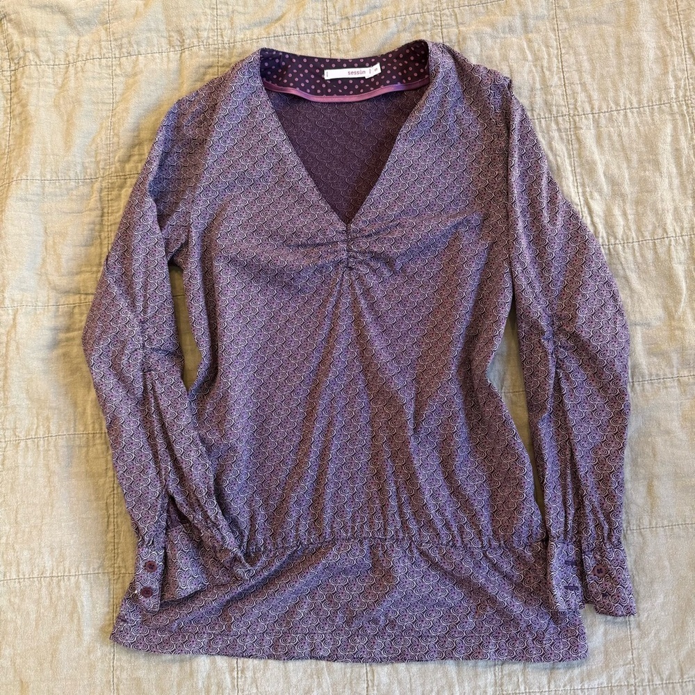 Sessùn | women's small Chic Purple ruched V-Neck Blouse with flowers 100% cotton